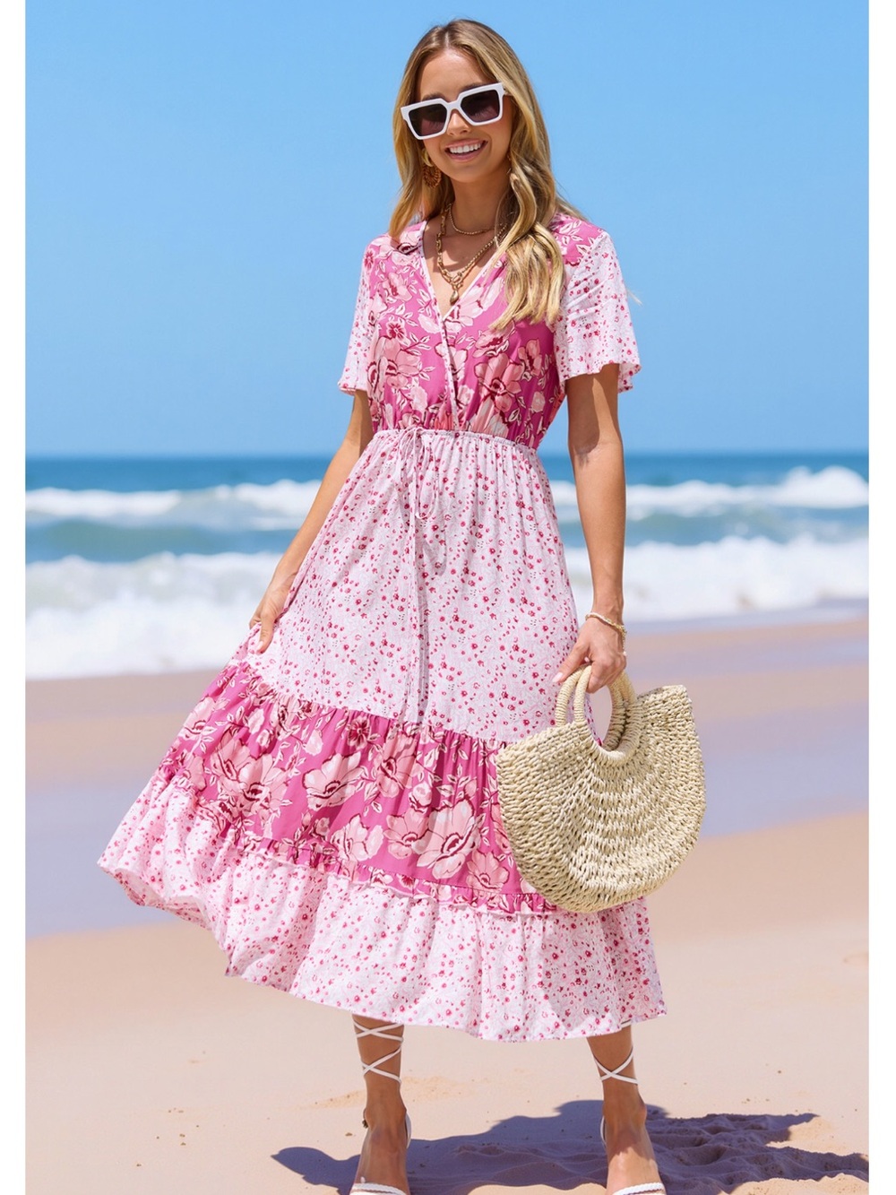 Cupshe Pink Floral Patchwork Midi Dress